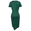 Belle Poque de manga corta con cuello en V asimétrico caderas-envuelto verde oscuro Bodycon lápiz vestido BP000363-3